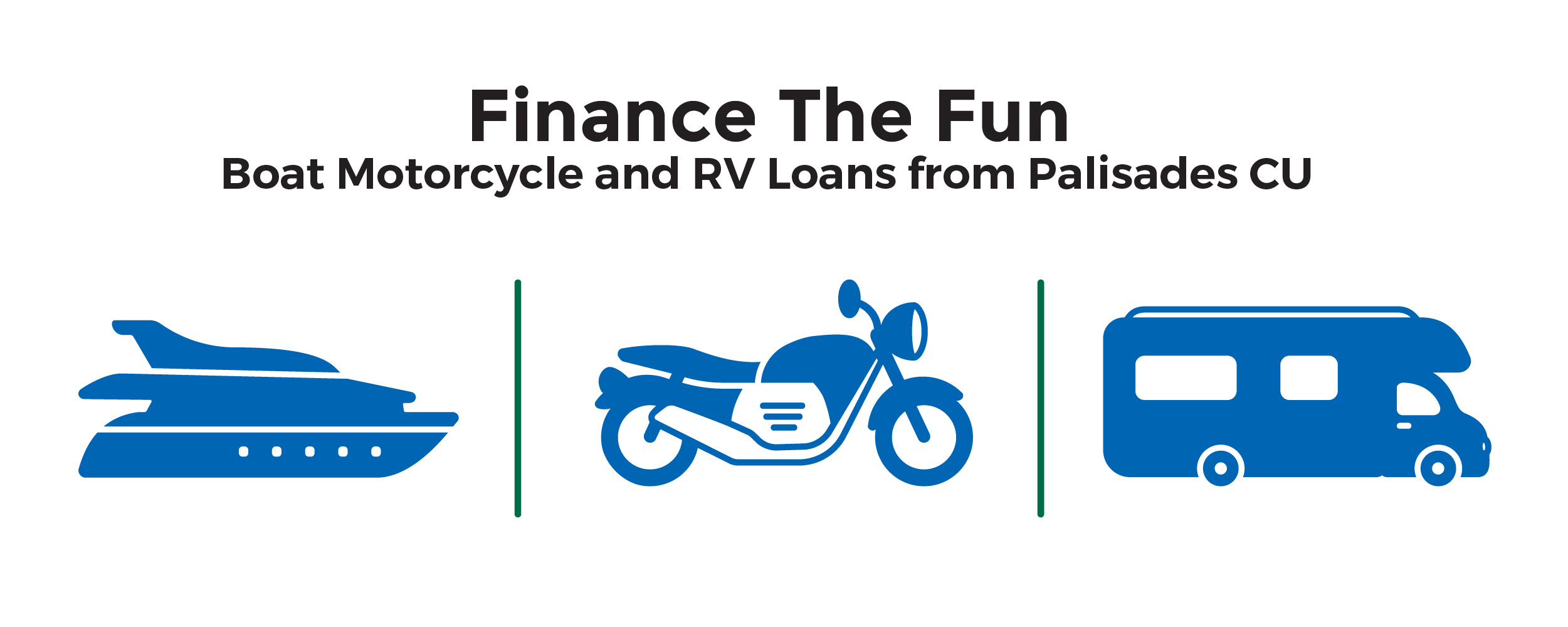 Finance The Fun - Boat Motorcycle and RV Loans from Palisades CU - Image of a Boat, Motorcycle and RV